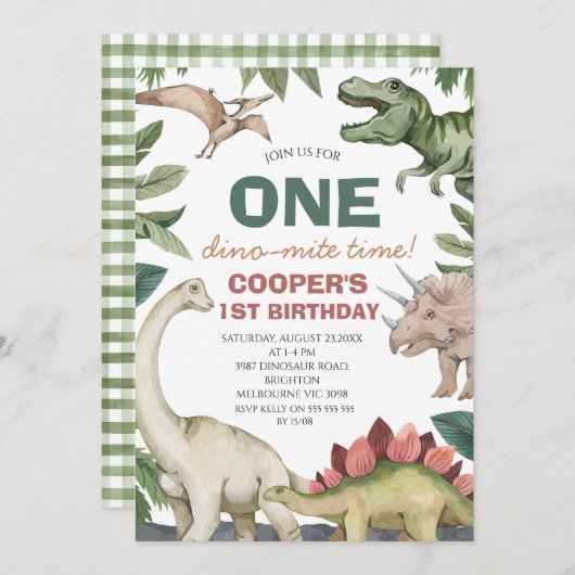 Bruin groen gebladerte dinosaurus verjaardag kaart (Voorkant / Achterkant)