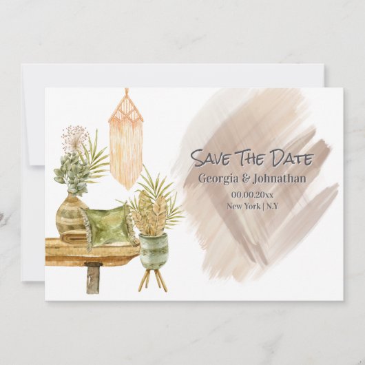 Bruin groen goud boho macrame landelijke potplante save the date (Voorkant)