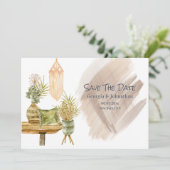 Bruin groen goud boho macrame landelijke potplante save the date (Staand voorkant)