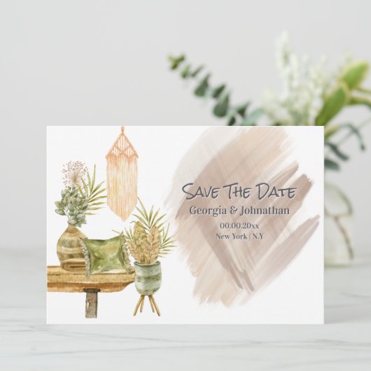 Bruin groen goud boho macrame landelijke potplante save the date (Staand voorkant)