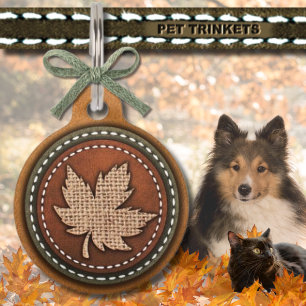 Bruin Groen Landelijk Lederen Burlap Maple Leaf Huisdierpenning