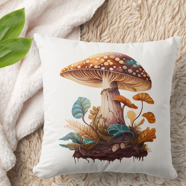 Bruin Groen Neutraal Bos Paddenstoel Cute Rustiek Kussen (A cute mushroom pillow for your rustic country home or city abode, in tones of gold, brown + blue.)