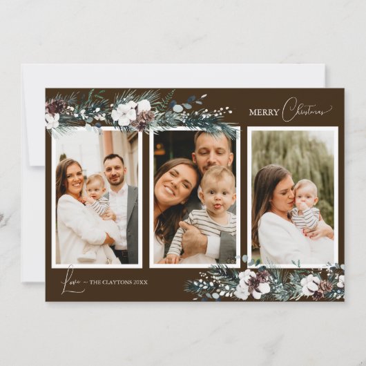 Bruin groen  vijf foto collage feestdagenkaart (Voorkant)