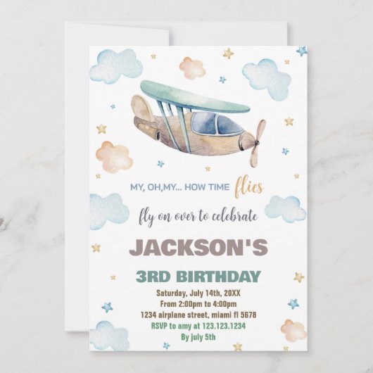 Bruin Groen Vliegtuig Verjaardag Uitnodigingen (Voorkant)