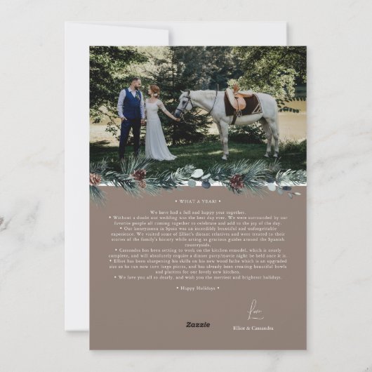 Bruin groen  vrolijk getrouwd portret feestdagenkaart (Achterkant)