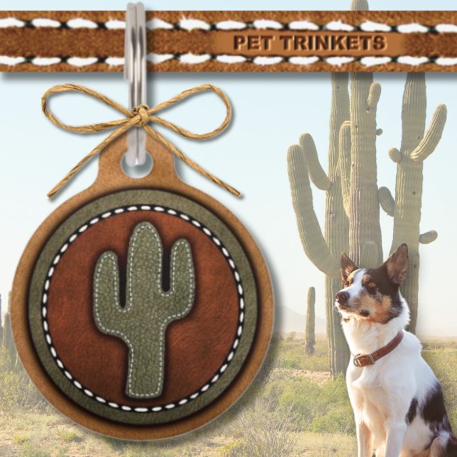 Bruin Groen Western gestikte lederen cactus Huisdierpenning (Creator heeft geüpload)