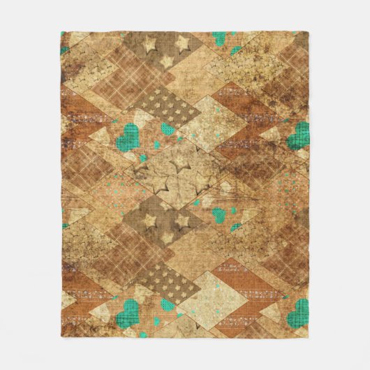 Bruin Grunge Quilt Sterren Harten Fleece Deken (Voorkant)