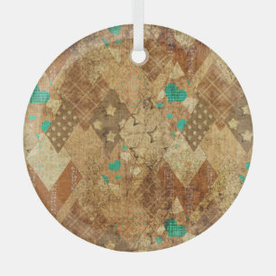 Bruin Grunge Quilt Sterren Harten Glas Ornament