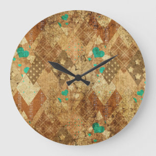 Bruin Grunge Quilt Sterren Harten Grote Klok