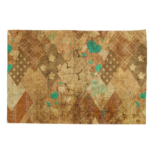 Bruin Grunge Quilt Sterren Harten Kussensloop (Achterkant)