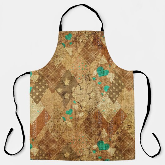 Bruin Grunge Quilt Sterren Harten Schort (Voorkant)