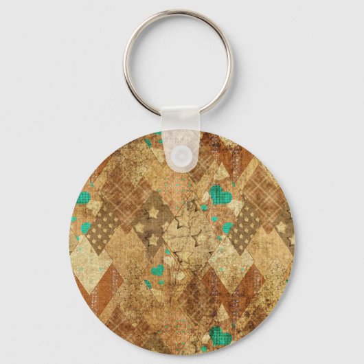 Bruin Grunge Quilt Sterren Harten Sleutelhanger (Voorkant)