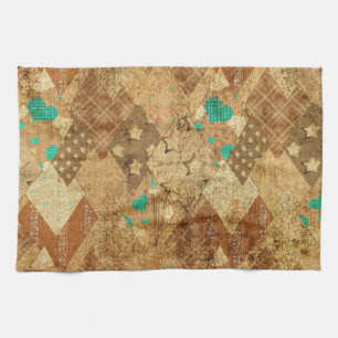 Bruin Grunge Quilt Sterren Harten Theedoek