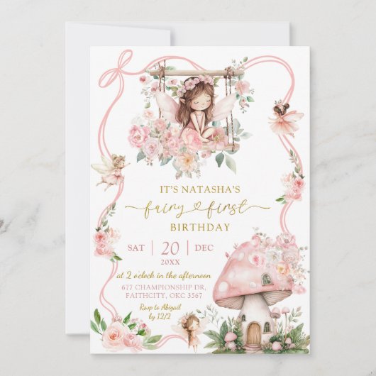 Bruin Haar Meisje fee eerste verjaardag uitnodigin Kaart (Voorkant)