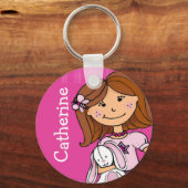 Bruin haar meisje met een witte roze bundel sleutelhanger (Voorkant)