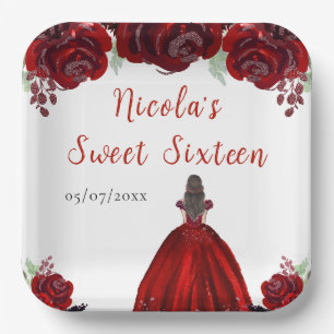 Bruin Haar Princess Red Floral Sweet Sixteen Papieren Bordje