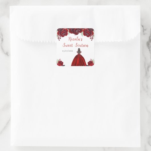Bruin Haar Princess Red Floral Sweet Sixteen Vierkante Sticker (Tas)