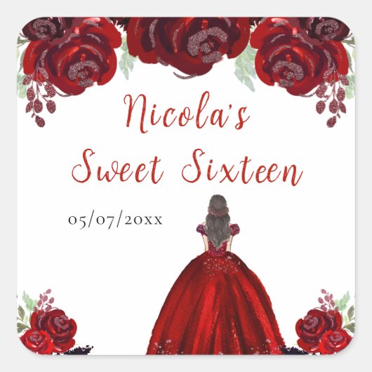 Bruin Haar Princess Red Floral Sweet Sixteen Vierkante Sticker (Voorkant)