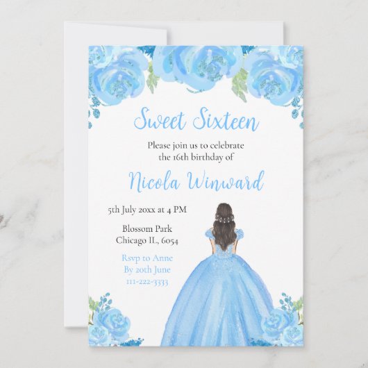 Bruin Haar Prinses Blauw Bloem Sweet Sixteen Kaart (Voorkant)
