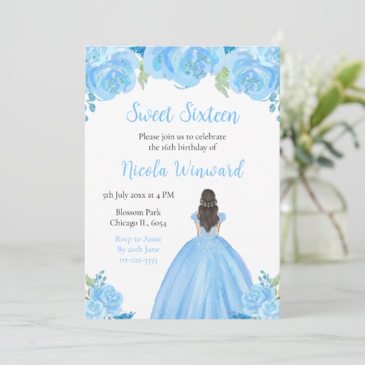 Bruin Haar Prinses Blauw Bloem Sweet Sixteen Kaart (Staand voorkant)