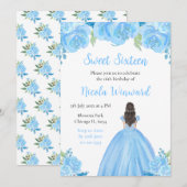 Bruin Haar Prinses Blauw Bloem Sweet Sixteen Kaart (Voorkant / Achterkant)