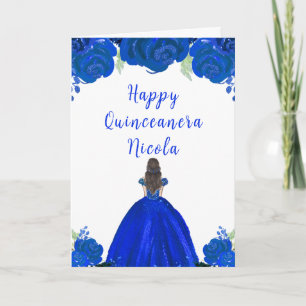 Bruin Haar Prinses Blauw Bloemen Quinceanera Kaart