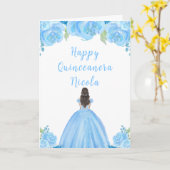 Bruin Haar Prinses Blauw Bloemen Quinceanera Kaart (Gele Bloem)