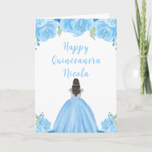 Bruin Haar Prinses Blauw Bloemen Quinceanera Kaart