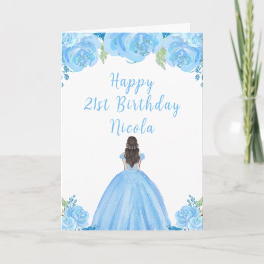 Bruin Haar Prinses Blauw Bloemen Verjaardagsfeest Kaart (Voorkant)