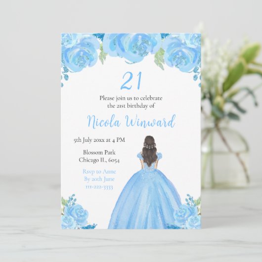 Bruin Haar Prinses Blauw Bloemen Verjaardagsfeest Kaart (Staand voorkant)