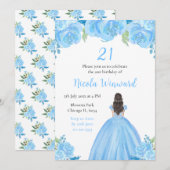 Bruin Haar Prinses Blauw Bloemen Verjaardagsfeest Kaart (Voorkant / Achterkant)