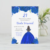 Bruin Haar Prinses Blauw Bloemen Verjaardagsfeest Kaart (Staand voorkant)