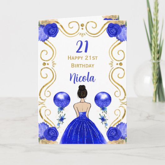Bruin Haar Prinses Blauw Gelukkige Verjaardag Kaart (Voorkant)