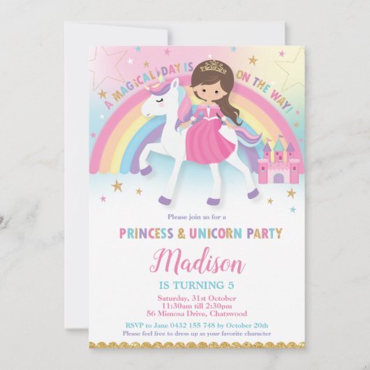 Bruin Haar Prinses en Eenhoorn Verjaardagsfeest Kaart (Voorkant)