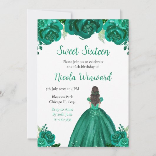 Bruin Haar Prinses Groen Bloem Sweet Sixteen Kaart (Voorkant)