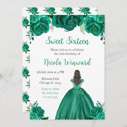 Bruin Haar Prinses Groen Bloem Sweet Sixteen Kaart (Voorkant / Achterkant)