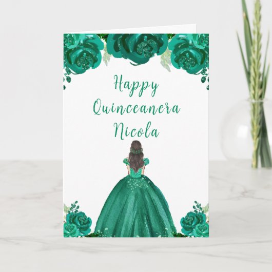 Bruin Haar Prinses Groen Bloemen Quinceanera Kaart (Voorkant)