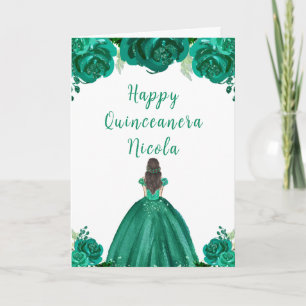 Bruin Haar Prinses Groen Bloemen Quinceanera Kaart