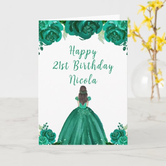 Bruin Haar Prinses Groen Bloemen Verjaardagsfeest Kaart (Gele Bloem)