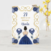 Bruin haar Prinses Navy Happy Birthday Kaart (Gele Bloem)