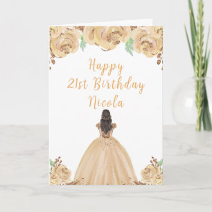 Bruin Haar Prinses Perzik Bloemen Verjaardagsfeest Kaart