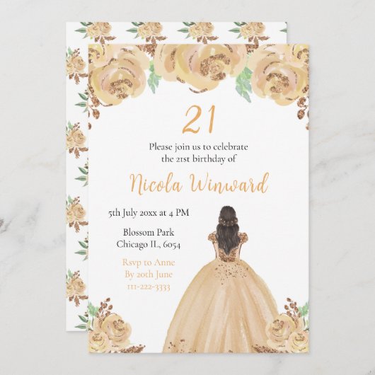 Bruin Haar Prinses Perzik Bloemen Verjaardagsfeest Kaart (Voorkant / Achterkant)