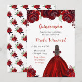 Bruin Haar Prinses Rood Bloemen Quinceanera Kaart (Voorkant / Achterkant)