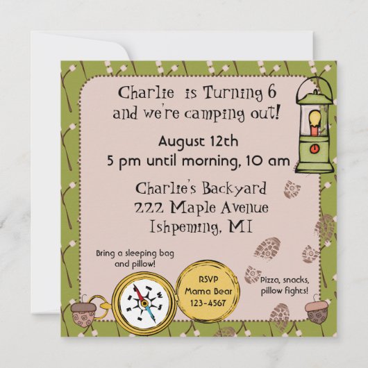 Bruin Hair Boy Camping Birthday Invitations Kaart (Achterkant)