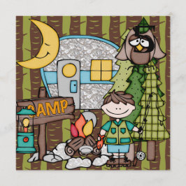 Bruin Hair Boy Camping Birthday Invitations Kaart