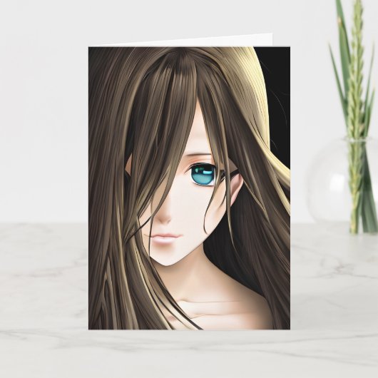 Bruin Haired Blauw Eyed Anime Meisje Kaart (Voorkant)