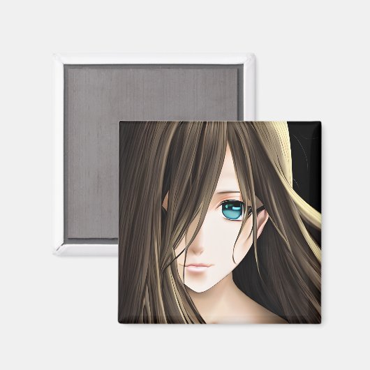 Bruin Haired Blauw Eyed Anime Meisje Magneet (Voorkant / Achterkant)