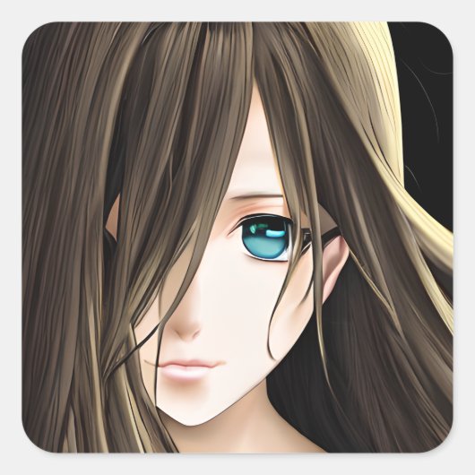Bruin Haired Blauw Eyed Anime Meisje Vierkante Sticker (Voorkant)