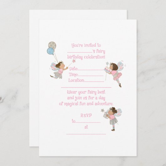 Bruin Haired Fairies Verjaardag Uitnodiging (Voorkant / Achterkant)