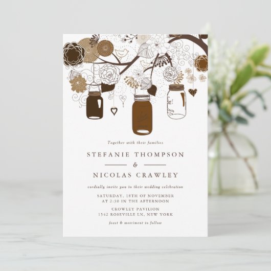 Bruin Hanging Mason Jars Wedding Kaart (Staand voorkant)
